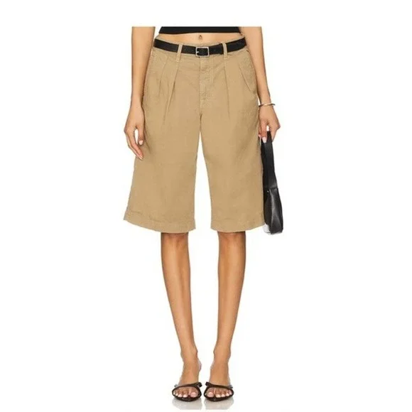AMO Sharon Bermuda Shorts Womens 27 Tan Pleated Cotton Twill Wide Leg New - Picture 1 of 7